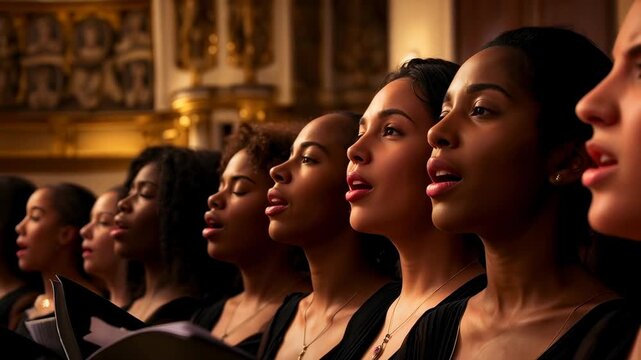 Singing women choir members starting phrase in gilded hall, holding folders and performing in black