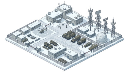 Isometric illustration of a military base with various buildings, fighter planes, tanks, and communication towers on a white background © Asap