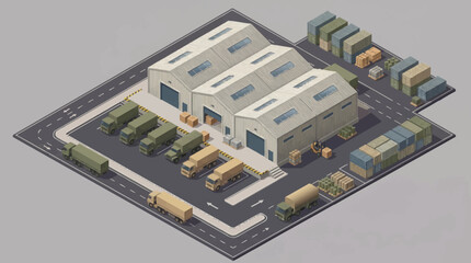 Isometric 3D illustration of a large military base with various vehicles and buildings on a gray background, featuring tanks, trucks, and warships © Asap