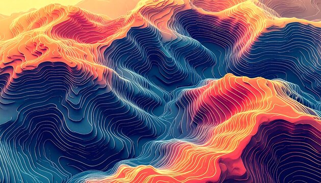 Abstract landscape showing contoured elevation in warm hues, transitioning from gold to red. Lines define forms