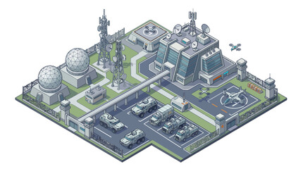 Isometric illustration of a futuristic military base with towers, fighter planes, and warships on a green terrain with a technological design board in the background © Asap