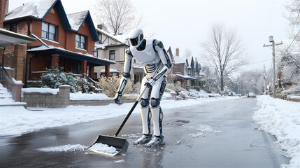 雪の積もった住宅街の道を歩行サポートする二足歩行ロボット