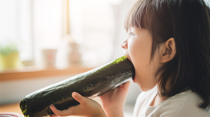 恵方巻きを頬張る小さな女の子・季節の行事を楽しむ子供