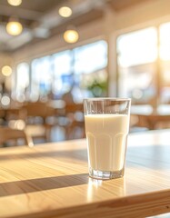 木製テーブルのミルクグラス自然光ミニマルカフェシーン
