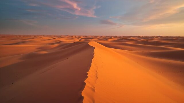 Launching drone camera moving forward along dune crest at desert sunrise, revealing ripple patterns