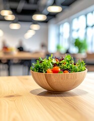 木製テーブルのサラダボウル自然光ミニマルカフェフードシーン
