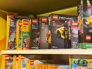 Fototapeta premium Shelf of lego technic and creator boxed sets