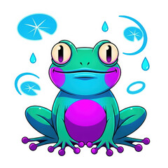 Fototapeta premium Colorful Cartoon Frog with Water Droplets.