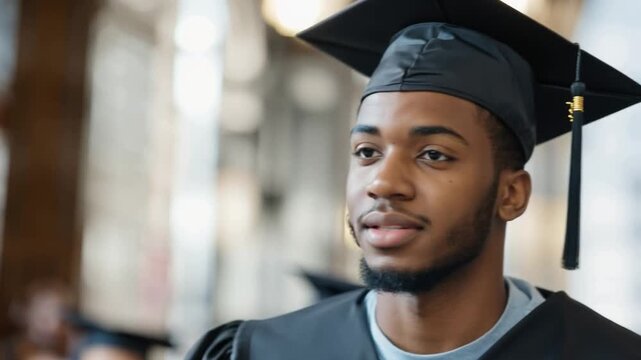   Proud Graduate: A focused young man in cap and gown, ready to embark on a new chapter, symbolizing knowledge, potential, and the bright promise of the future.