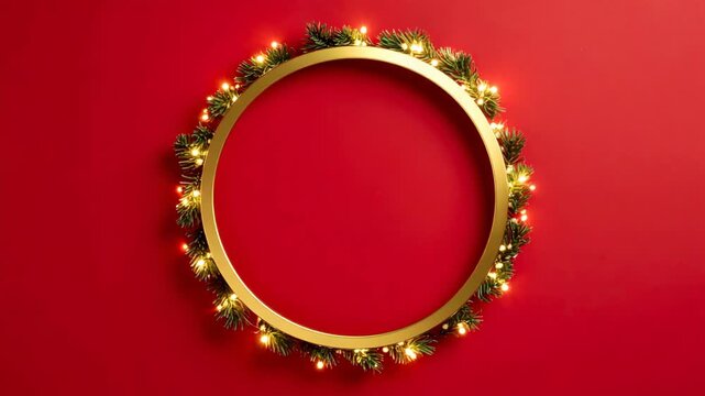 Elegant minimalist golden circular frame decorated with pine branches and warm glowing fairy lights on a red background
