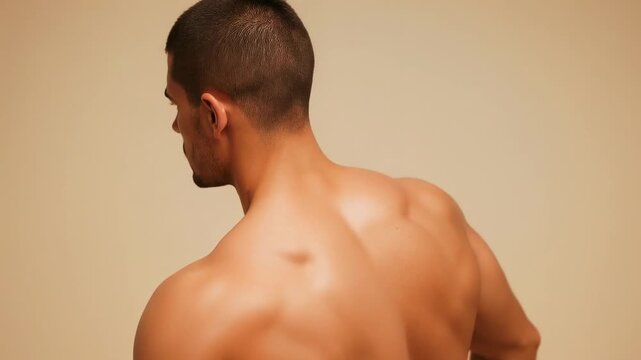 Rotating shirtless model on camera cue, displaying torso angles for photoshoot with beige backdrop