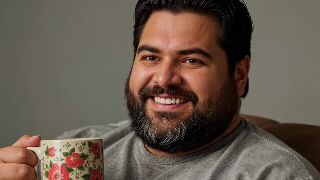 Smiling man holding floral mug in chair at home, leaning, camera tightening, greeting in gray shirt