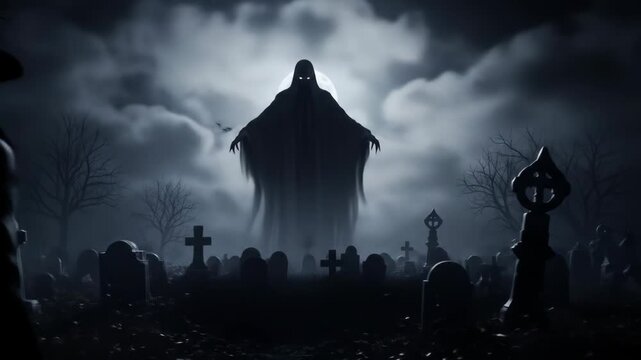 Eerie Encounter with a Giant Spectre in a Cemetery at Night.