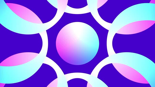 Six glowing spheres and arched lines surround a central orb to form a symmetrical and futuristic design with neon pink and blue light reflections