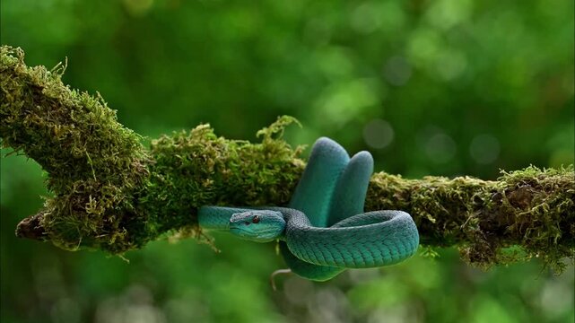 The blue white-lipped pit viper (Trimeresurus insularis) is a passive ambush hunter. It stays wait patiently for prey to come close before striking quickly, rather than actively chasing its prey.