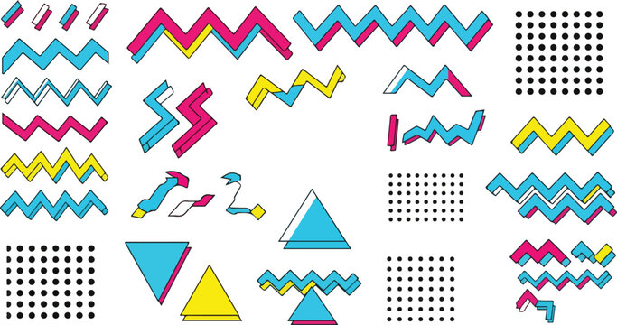 Geometric pop art elements set with colorful zigzag lines triangles and dot patterns in nineties memphis design style