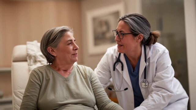 Entering clinician in white coat leaning toward senior patient at home, comforting with stethoscope