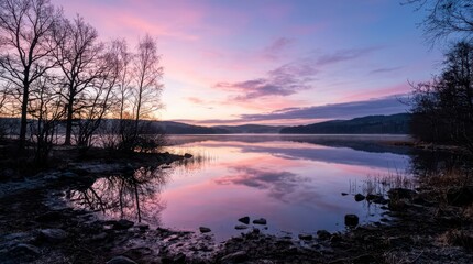 Sunset reflection on a calm lake with silhouettes of trees at dawn.