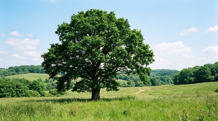 Obraz premium Solitary Oak Tree in a Lush Green Meadow Under Blue Sky