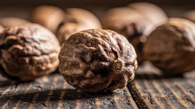 Nutmeg Seeds on Wooden Surface Closeup.