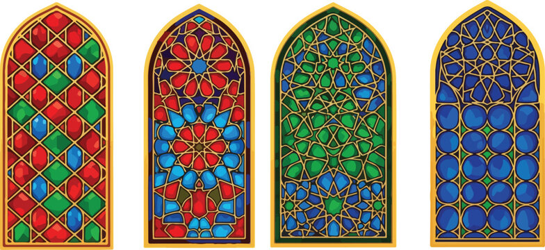 Set of four islamic stained glass windows in different colors and patterns isolated on transparent background