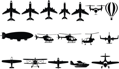 Silhouette illustration collection of diverse aircraft including commercial jets, helicopters, tiltrotors, blimp, hot air balloon, seaplane, and propeller  © Rihan 