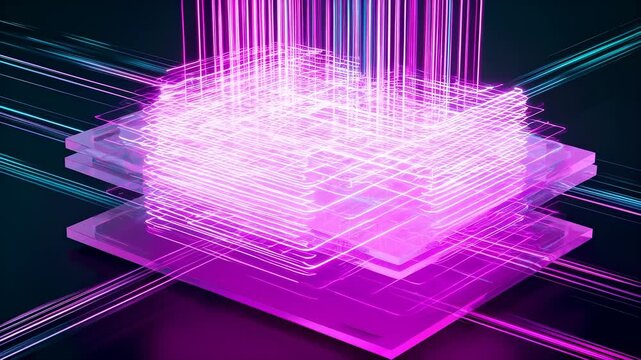 Receiving neon beams, stacked plates energizing into dense grid circuitry for power-up on dark base