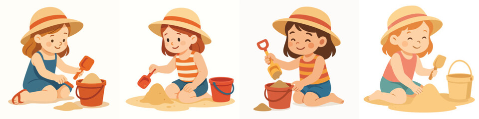 Vector of little girl playing in the sand with a bucket and shovel. Vector, flat, illustration, minimalist, icon, icon set © Dan