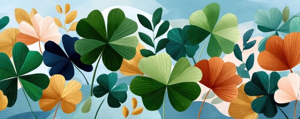 Fototapeta premium Watercolor St. Patrick's Day shamrocks and clover leaves floating in a festive green pattern