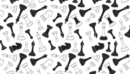 Chess pieces hand drawn in black and white create a classic and elegant seamless pattern design for any game-related project. © Beckham 