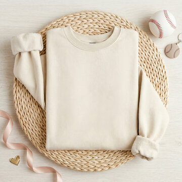 Square folded sweatshirt mockup. Natural long sleeve shirt flat lay on ratan placemat, baseball nearby. Blank casual jumper template. Unisex basic crewneck pullover