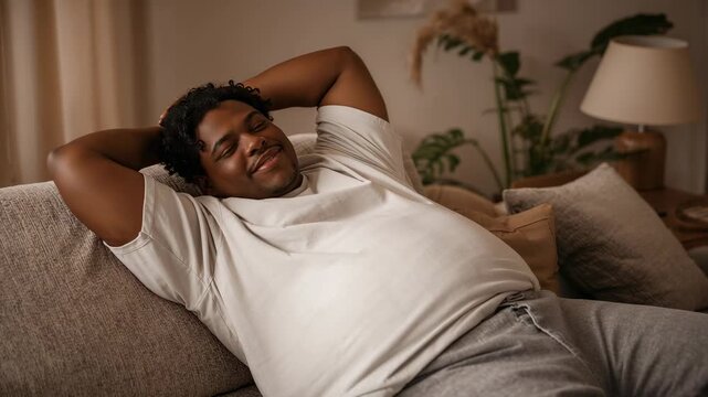 Leaning man white T-shirt gray sweatpants settling on sofa to relax in living room with pillows