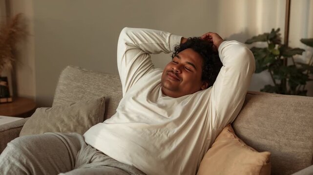 Settling man reclining into sofa at home, keeping hands behind head, wearing shirt and sweatpants