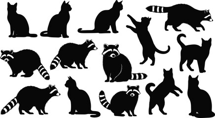 Black silhouettes of cats and raccoons, cad drawing flat vector illustration of domestic pets and wild forest animals, animal set © Mehedi