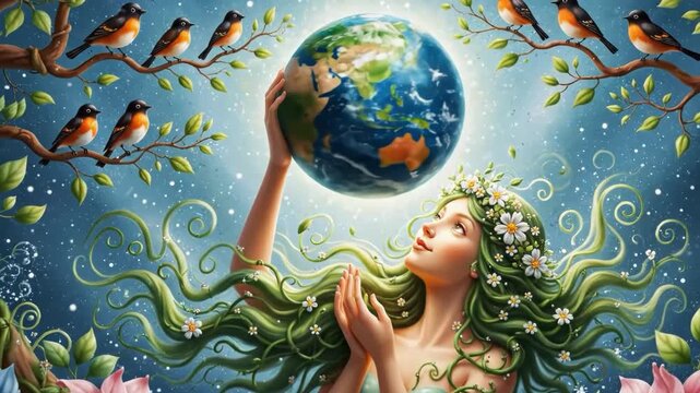Mother earth goddess holding the planet surrounded by nature and birds