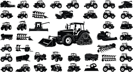 Agricultural machinery silhouette illustration, tractor, combine harvester, plow, trailer, farm equipment design, farming technology artwork, rural agriculture vehicle concept © Raihan