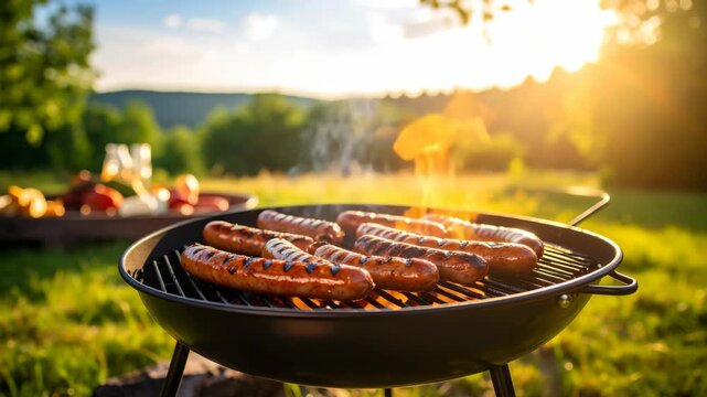 Grilled sausages cooking on a backyard barbecue grill with flames during a sunny summer garden picnic at sunset