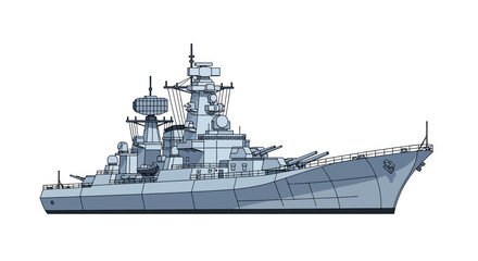 A gray naval warship with various military equipment and technology features against a clean white background © Asap