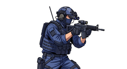 An armed soldier in a blue tactical uniform and helmet aims a rifle in a dynamic stance with a technological military concept