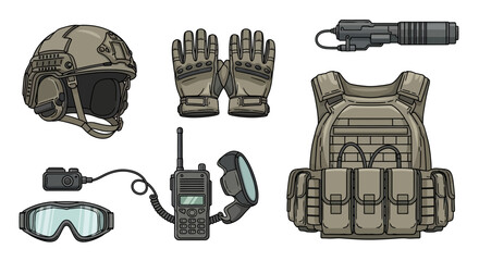 Military gear set including helmet, gloves, tactical vest, goggles, radio, and knife on a clean white background with a technological and protective mood © Asap