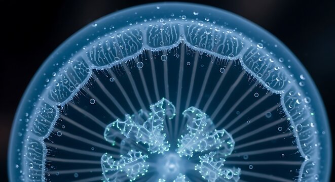 Ultra-macro of bioluminescent jellyfish bell translucent radial canals glowing