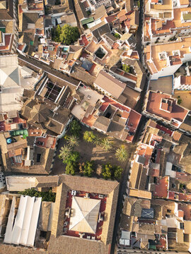 Aerial view of sun-soaked rooftops and narrow streets casting long shadows over the ancient Mezquita-Cathedral and Alcazar de los Reyes Cristianos, Cordoba, Andalusia, Spain.