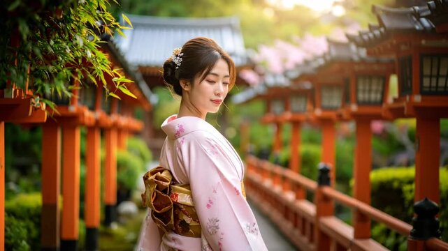 Beautiful Asian woman in traditional pink floral kimono walking past orange lanterns in a peaceful temple garden setting