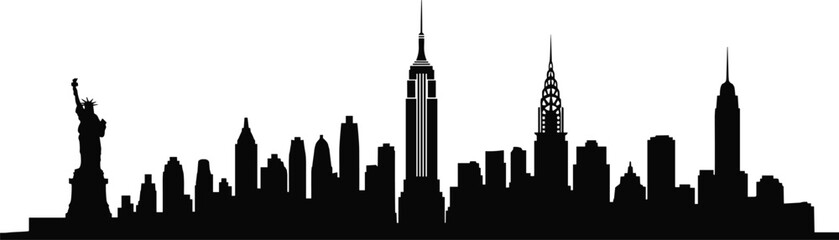 Obraz premium Black silhouette of New York City skyline featuring Statue of Liberty Empire State Building and Chrysler Building on white background
