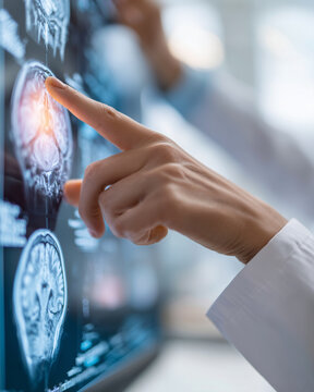 Doctor points at brain scan on digital screen. Finger highlights glowing area with clinical precision. Medical professional examines diagnostic images intently