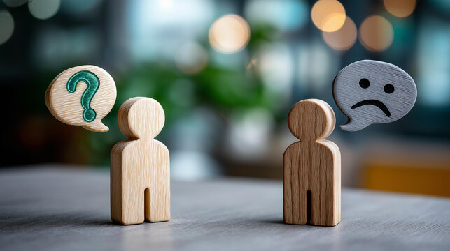 Two wooden human figures with speech bubbles above them, one showing a green question mark and the other a gray sad face, defocused background, communication challenge concept,