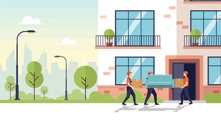 Fototapeta premium Movers carrying furniture into house vector