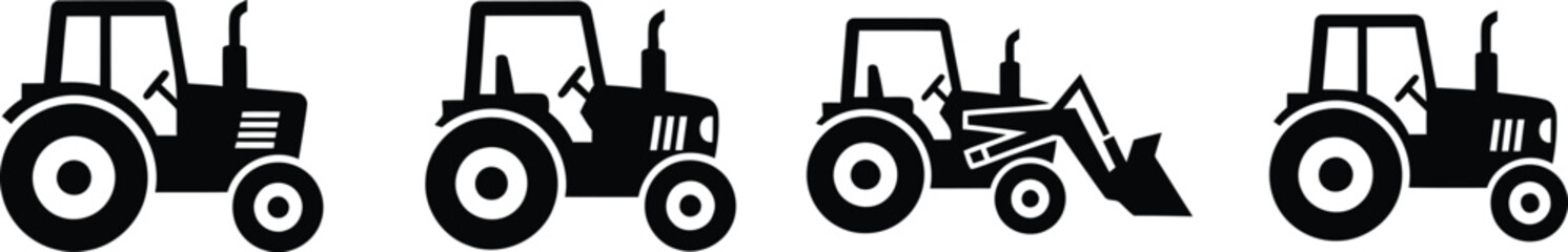 Four different tractor silhouettes in various positions and designs for construction or farming purposes © saidur