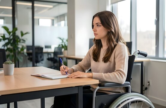 Una persona en silla de ruedas en una oficina moderna.