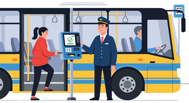 Bus driver assisting passenger payment vector